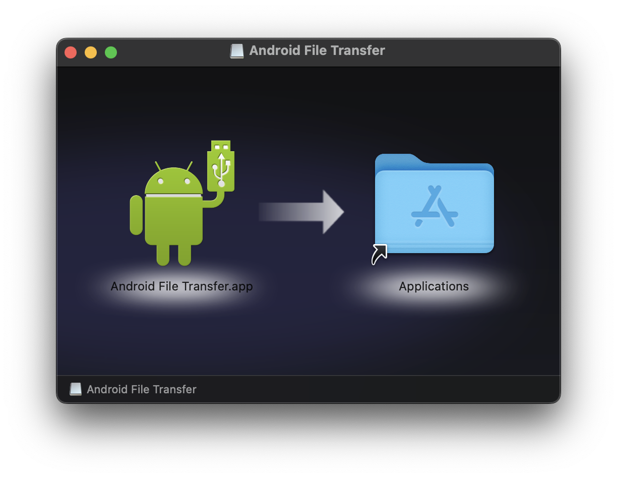 Screenshot of the Android File Transfer installation window, showing the application icon and an arrow pointing to a shortcut of the Applications folder