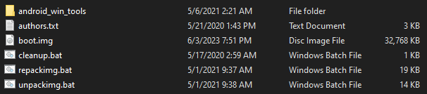 Screenshot of a list of folders and files contained in the extracted Android Image Kitchen folder