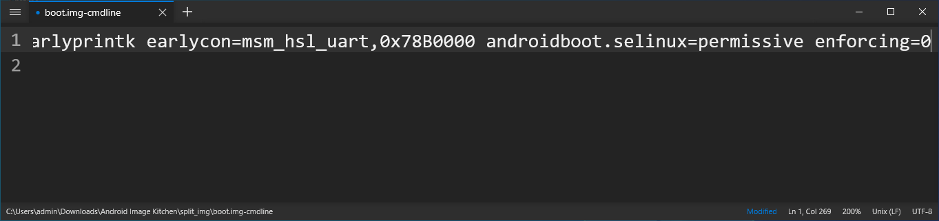 Screenshot of the modified boot.img-cmdline file