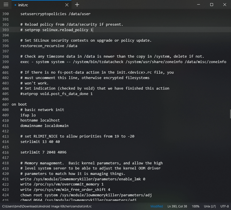 Screenshot of the modified init.rc file, with line 393 marked as comment, and line 421 added to disable the Low Memory Killer module