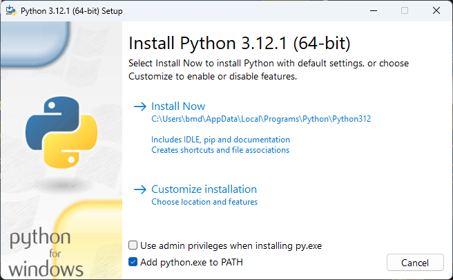 Screenshot of Python 3.12.1 installation window showing 'Install Now' and 'Customize installation' options, with the checkbox for 'Add Python to PATH' selected