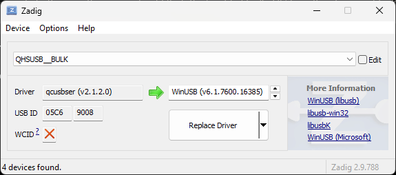 Screenshot of the Zadig program window. QHSUSB_BULK is selected as the targeted device. On the Driver line, a text box with the content qcusbser (v2.1.2.0) is pointing towards another text box with the content WinUSB (v6.1.7600.16385) with a green arrow