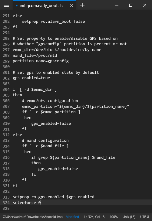 Screenshot of the modified init.qcom.early_boot.sh file
