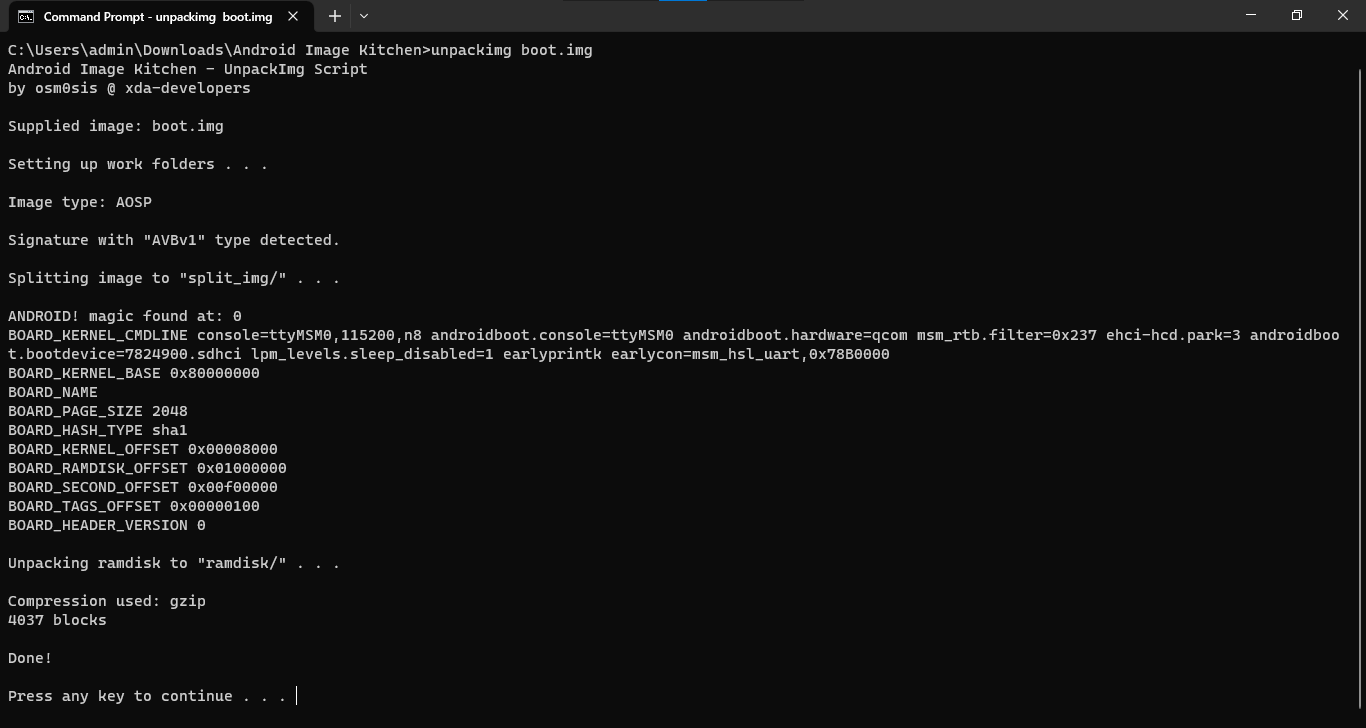 Screenshot of a Windows Command Prompt window showing some logs of the boot partition extracting process after typing the command above