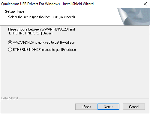 Screenshot of Qualcomm's diagnostic driver installation window, in which two radio buttons are shown, labelled 'WWAN-DHCP is not used to get IPAddress' and 'ETHERNET-DHCP is used to get IPAddress'. The first button is selected.