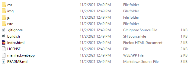 File explorer view of a web app project folder. It contains subfolders css, img, js, and rsrc, along with files: .gitignore, build.sh, index.html, LICENSE, manifest.webapp, and README.md