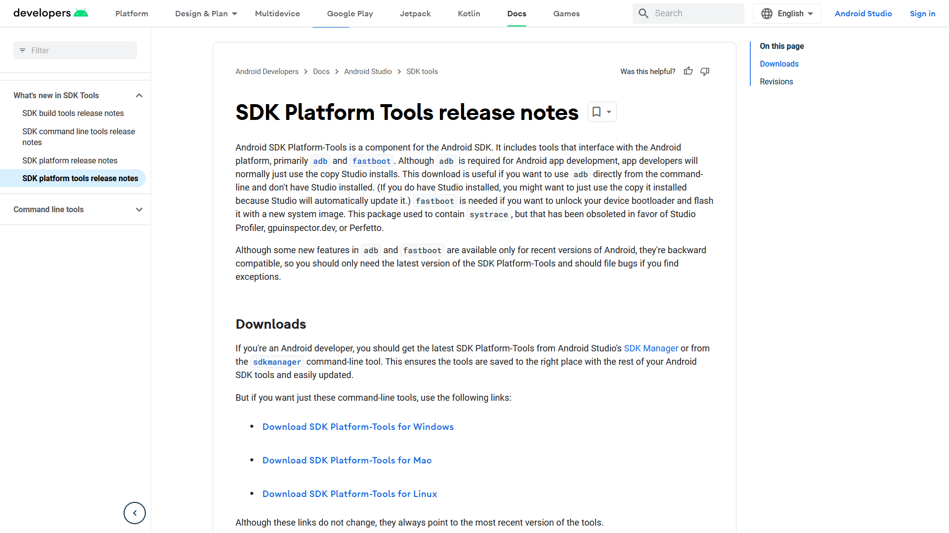 A webpage from Android Developers titled "SDK Platform Tools release notes". It explains the content of the toolset, along with what adb, fastboot and systrace do. Below is a "Downloads" section which provides download links for Windows, Mac, and Linux respectively.
