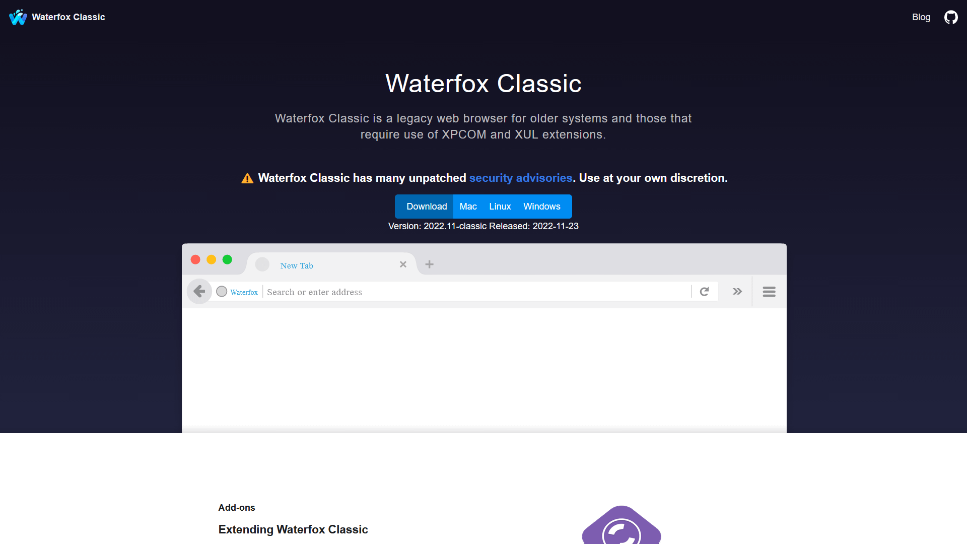 A webpage for Waterfox Classic, a legacy web browser. The page headline reads "Waterfox Classic", with a description stating it’s meant for older systems and supports XPCOM and XUL extensions. A yellow warning icon is followed by bold text: "Waterfox Classic has many unpatched security advisories. Use at your own discretion." Below are blue buttons to download for Mac, Linux, and Windows. The version listed is 2022.11-classic, released on 2022-11-23. Below that, a partial mock browser window displays a "New Tab" open with the Waterfox logo in the address bar.
