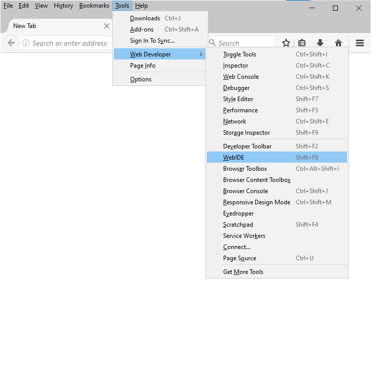 Waterfox Classic browser with the ‘Tools’ menu open. The cursor navigates through ‘Web Developer’ to highlight the ‘WebIDE’ option, along with its shortcut