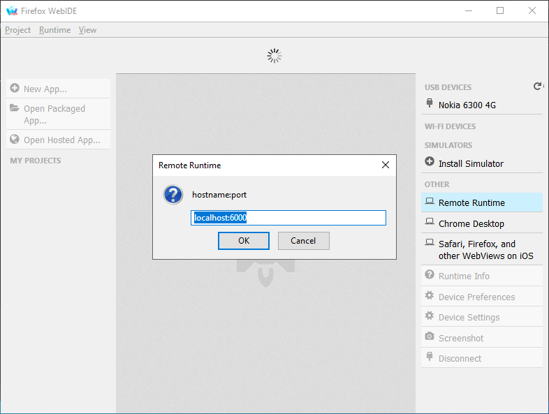 Firefox WebIDE interface showing a 'Remote Runtime' popup, containing a text field pre-filled with 'localhost:6000' and two buttons OK and Cancel. On the left of main UI are project options (New App, Open Packaged App, Open Hosted App), and on the right is a list of connected USB devices and options, including Remote Runtime.